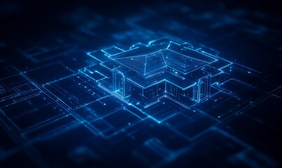 Aufkleber - A vibrant digital representation of interconnected circuits, depicting a blue-themed 3D structure with glowing data points and a futuristic aesthetic.