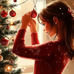 Poster - Elegant Woman Delicately Adorns Christmas Tree with Red Ornaments by Sunlit Window : Generative AI