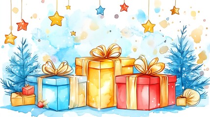 Poster - Festive Christmas Presents with Stars and Pine Trees in Watercolor Illustration Art : Generative AI