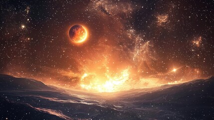 Wall Mural - fiery alien landscape with a red moon.