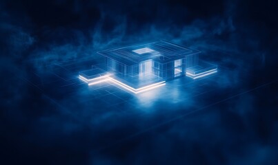 Leinwandbilder - A futuristic, illuminated structure emerges from a blue fog, highlighting a blend of technology and minimalist design.