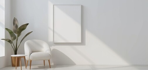 Poster - A modern, minimalistic interior featuring a cozy armchair and a blank picture frame on a white wall, illuminated by natural sunlight, perfect for creating a serene atmosphere.