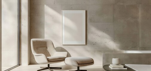 Poster - A modern and minimalist interior featuring a cozy armchair and an ottoman, with natural light filtering through large windows, creating a tranquil and inviting atmosphere.