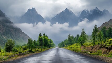 Wall Mural - Serene Road Through Misty Mountains and Lush Greenery