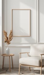 Poster - A modern living room scene featuring a light-colored chair, a minimalist side table, and a decorative vase with dried flowers. The wall is adorned with an empty picture frame.