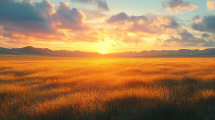 beautiful golden grass field with a stunning sunset sky. picturesque landscape with a natural meadow