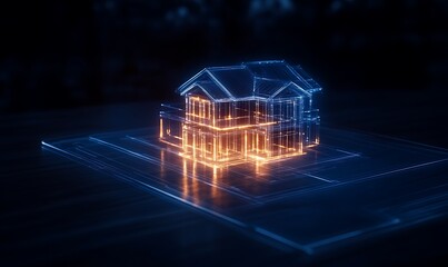 Poster - A glowing, digital representation of a house appears on a surface, showcasing a futuristic design with blue and orange holographic effects.