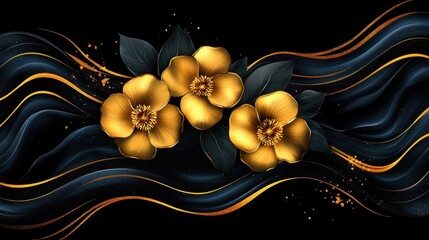 Wall Mural - Elegant golden flowers on a black background with flowing lines.