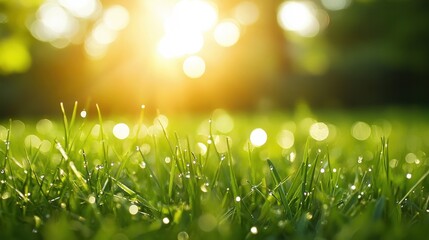 Wall Mural - Soft-focus background of natural grass with bokeh effects and sunlight, tranquil setting. Nature