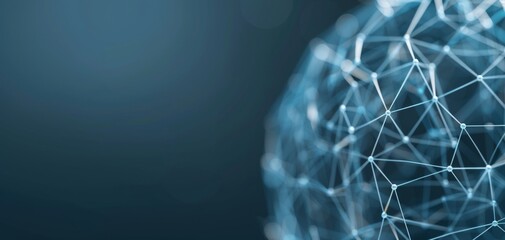 Poster - Abstract digital network, interconnected nodes forming a sphere, technological background with blue tones, highlighting connectivity and data flow.