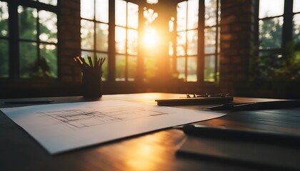 Poster - A serene sunrise illuminates a workspace, highlighting notes and stationery against a backdrop of large windows and greenery.