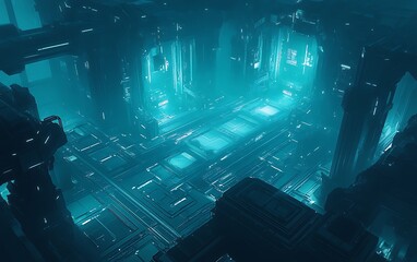 Poster - A futuristic, cybernetic landscape with glowing structures and a deep blue hue, evoking a sense of advanced technology and digital realms.