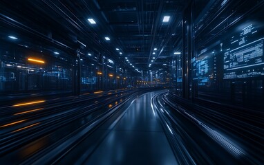 Fototapete - A futuristic tunnel with vibrant blue and orange lights, creating a dynamic and immersive digital atmosphere.