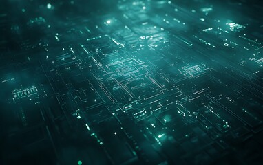 Leinwandbilder - A glowing, abstract representation of a circuit board, depicting intricate patterns and digital light effects in a blue-green hue.