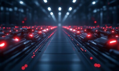 Fototapete - A futuristic, dimly lit corridor filled with rows of high-tech devices glowing with red lights, showcasing an advanced technological environment.
