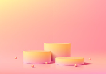 Wall Mural - realistic pink and yellow 3d cylindrical podium set background with sphere balls. minimalist mockup 