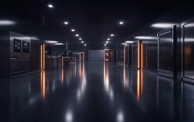 Poster - A futuristic hallway illuminated by ambient lighting, featuring sleek surfaces and a polished floor, conveying a modern, high-tech atmosphere.