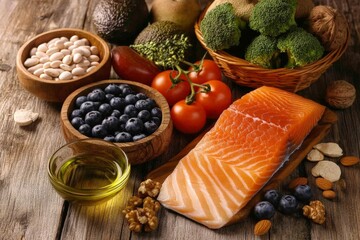 Healthy ingredients: fresh salmon, fruits, and vegetables for nutrient-rich cooking