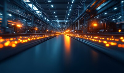 Poster - A vibrant industrial scene showcasing bright lights and glowing pathways within a modern factory setting.