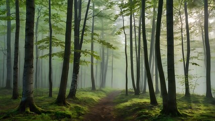   Green foggy morning forest landscape with beech trees, green forest