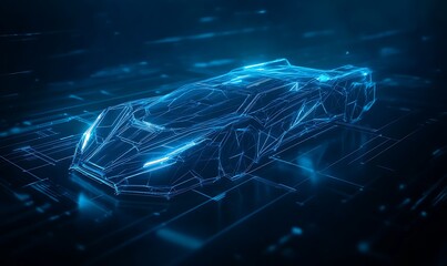 Poster - A futuristic, digital representation of a race car, illuminated with blue lights against a dark background, emphasizing technology and innovation.
