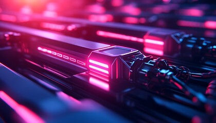 Aufkleber - A futuristic, close-up view of illuminated tech components, showcasing glowing lights and sleek designs in a dark setting.