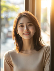 Wall Mural - A smiling young woman stands by a window, illuminated by soft sunlight.