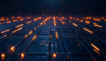 Aufkleber - A futuristic digital landscape with glowing orange lines on a dark background, resembling a circuit board or data visualization.