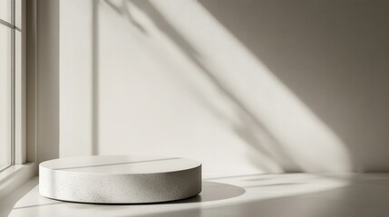Wall Mural - Empty round podium near window illuminating white wall with dramatic shadows for product placement