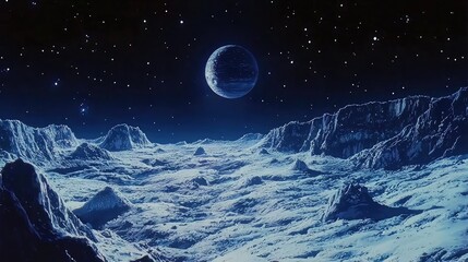 Wall Mural - a blue planet rises over a moon's icy landscape.
