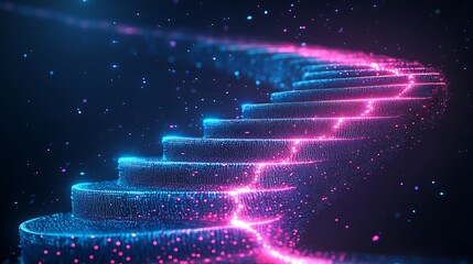 A digital staircase made of glowing binary code, A futuristic digital background with neon-glowing