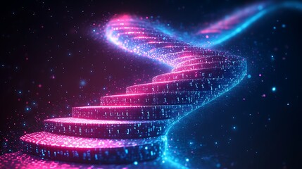 A digital staircase made of glowing binary code, A futuristic digital background with neon-glowing