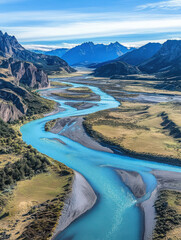 Canvas Print - A serene river winding through mountains and valleys under a clear blue sky.