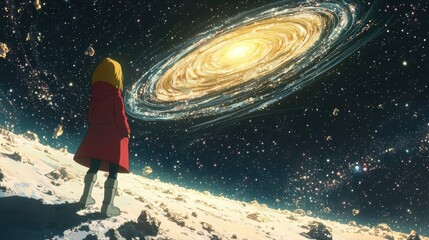 Wall Mural - a lone figure gazes up at a swirling galaxy in a vast starry sky.