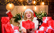 © be free - Beautiful wrapped gifts. December happy moments. Happy woman and bunch of gifts boxes. Girl ready for celebration. Gifts integral part of new year celebration. Xmas concept. Festive mood. Gift shop