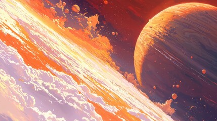 Wall Mural - a red gas giant planet with rings and clouds.