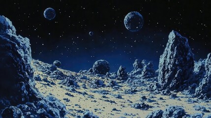 Wall Mural - a rocky, desolate alien landscape with a starry night sky and three planets.