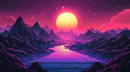 Wall Mural - a surreal landscape with a glowing sunset and a river.