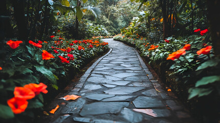 Wall Mural - a winding stone path through a lush garden with vibrant red flowers.