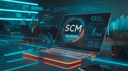 interaction with a SCM interface on a laptop with glowing icons for analytics, communication, contacts, and customer data