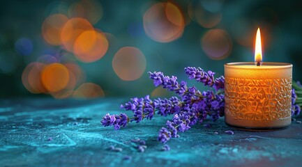 Wall Mural - Burning aromatic candle and lavender branch on table.