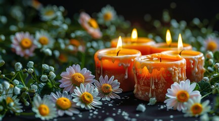 Wall Mural - Burning candles and flowers on black background