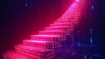 A digital staircase made of glowing binary code, A futuristic digital background with neon-glowing