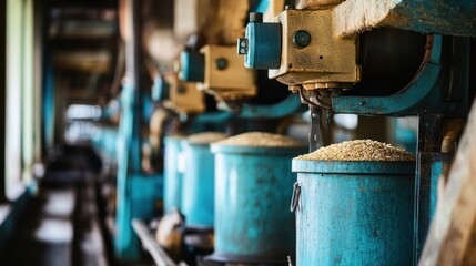 Canvas Print - Close-up of milling equipment in an industrial rice mill, designed for cleaning, hulling, and efficient rice processing