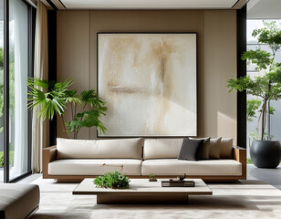 Wall Mural - a minimalist living room in a luxury home, with a single piece of large, abstract artwork as the focal point.