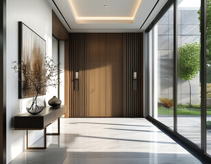 Wall Mural -  a modern, minimalist entryway in a luxury property. The space features a clean-lined console table, a single decorative vase or piece of artwork, and natural wood or marble flooring.