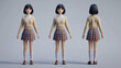 © visual artstock - A young woman in a beige sweater, brown plaid skirt, white socks, and brown shoes. She has short black hair.  The image includes three different views of the character.