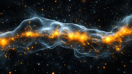 Wall Mural - a long, glowing blue line with orange streaks and stars. generative ai