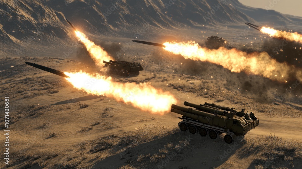 Ground Rockets Ground-based multiple rocket system firing in formation, designed for ...