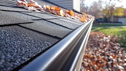 Wall Mural - Gutter and downspout system on building roof, showing polymer materials designed for long-lasting storm drainage.